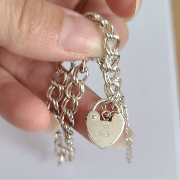 Vintage Double Curb Link Heart Padlock Key Charm Sterling Silver Chain Bracelet - Picture 8 of 11